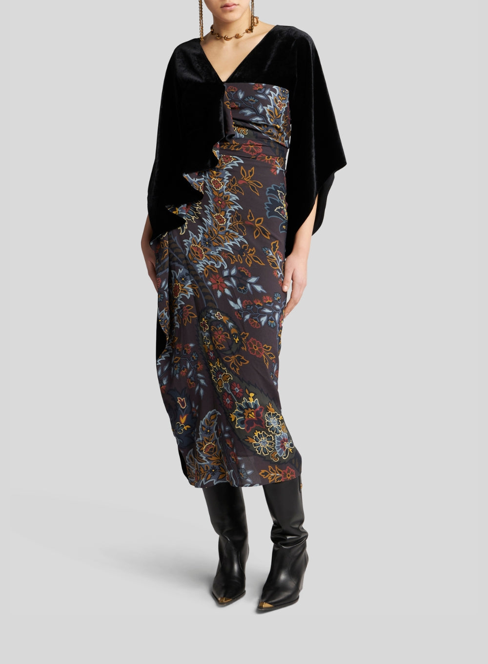 ETRO | Velvet & Floral Print Midi Dress