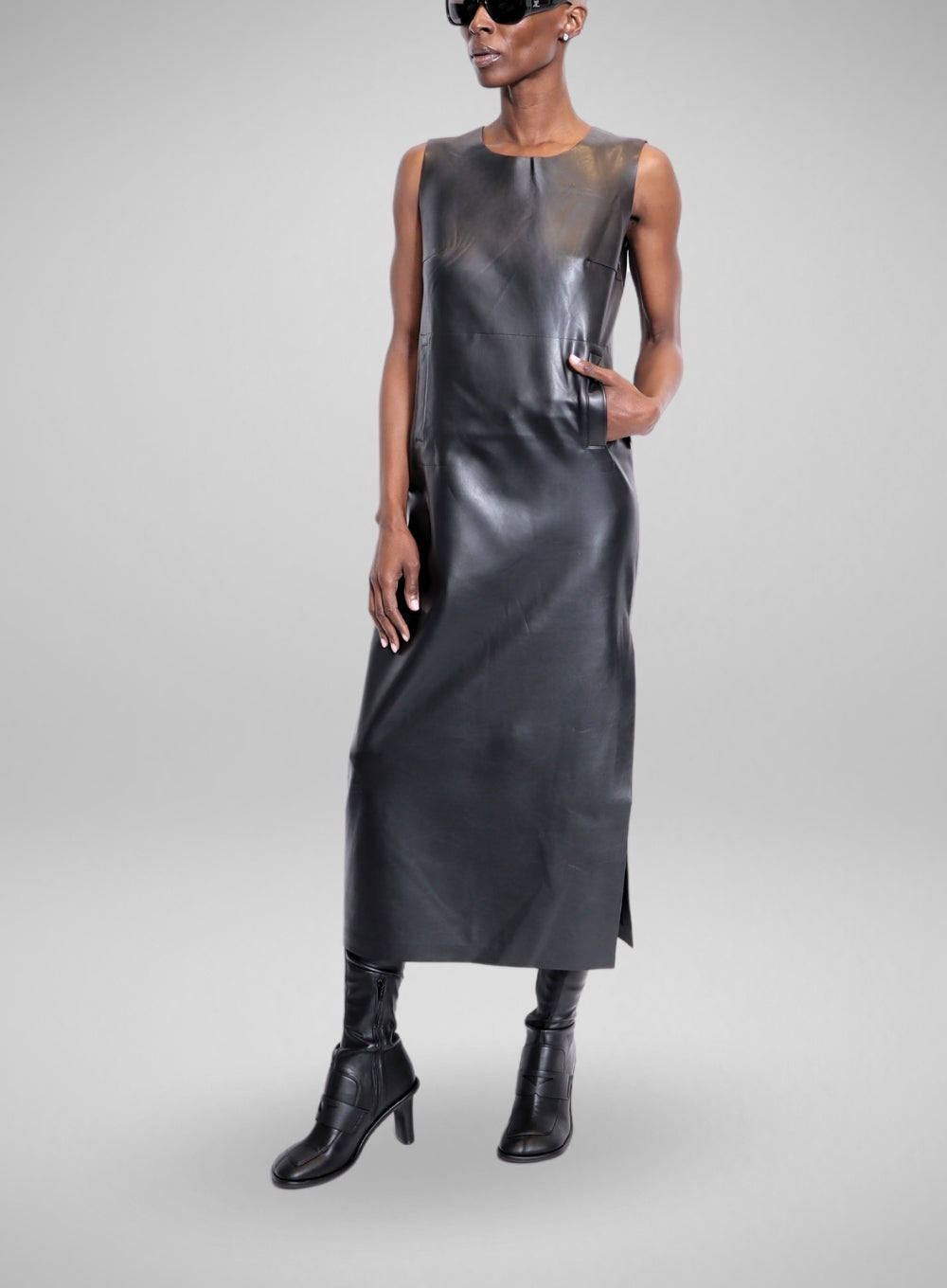 NORMA KAMALI | Faux Leather Sleeveless Side Slit Dress