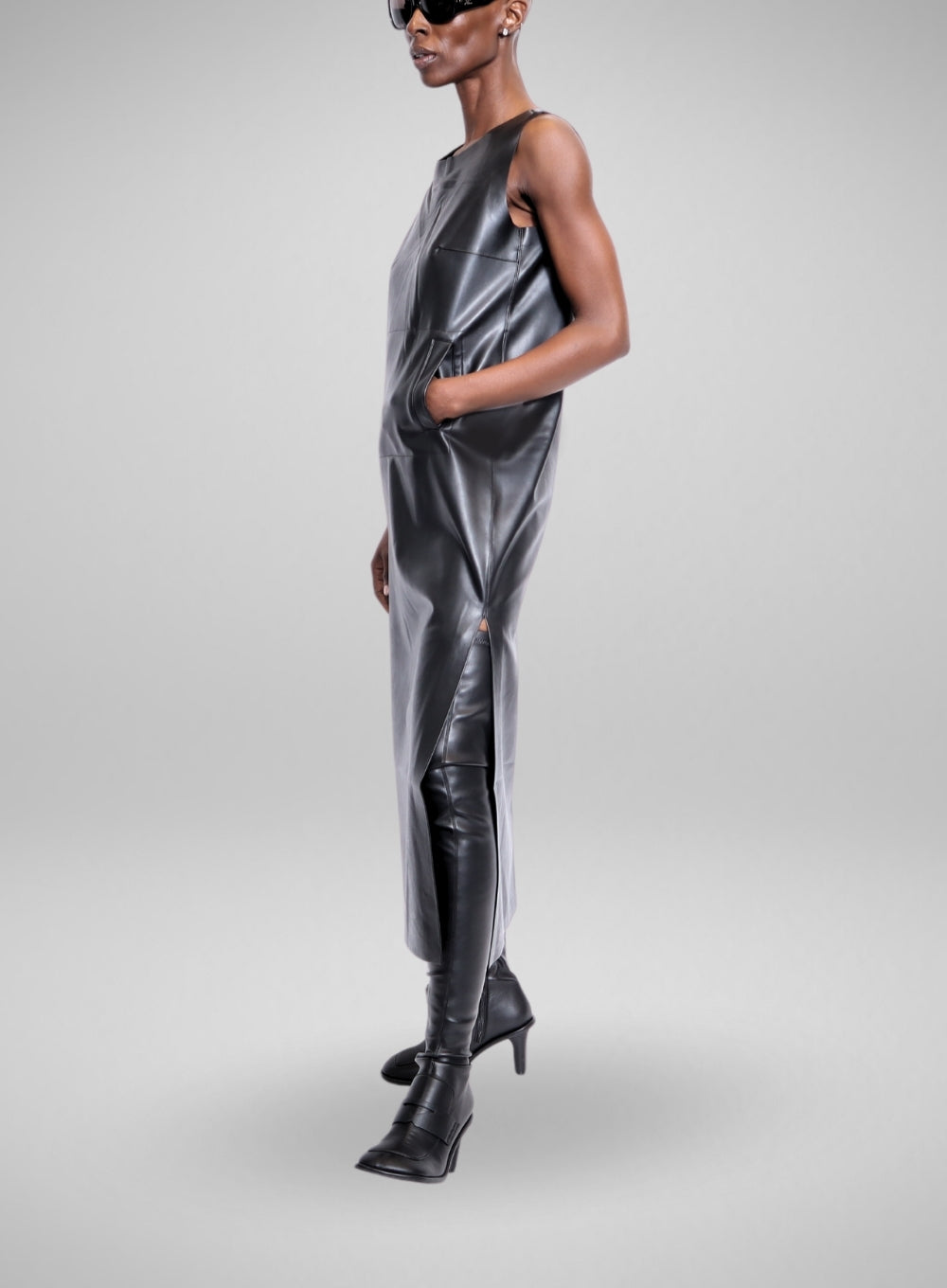 NORMA KAMALI | Faux Leather Sleeveless Side Slit Dress